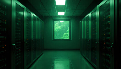 Green Data Center Hallway with Server Racks and Rainy Window
