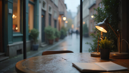 Warm cafe interior, rainy street visible through window