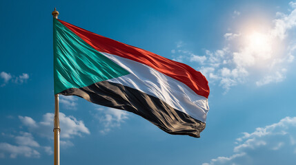 Sudan ، Sudanese National Flag Waving in the Wind Against Clear Blue Sky, Symbol of Sovereignty, National Unity, Independence and African Arab Identity
