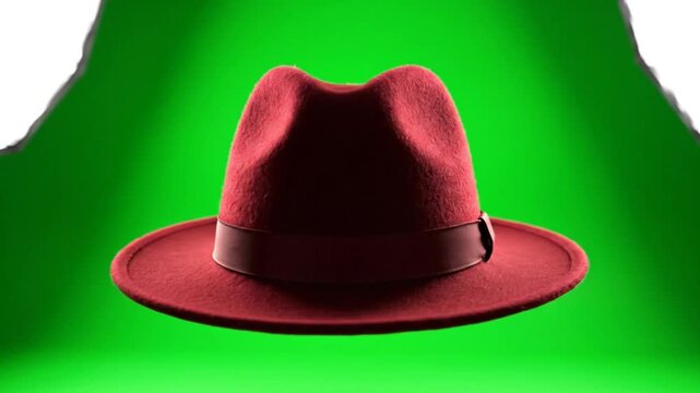 Crimson red fedora hat floating in front of a vibrant green background, studio shot