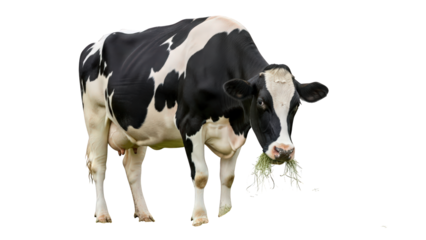 Cow eating grass with mouthful of fresh green hay