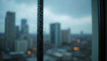 Rainy window view overlooking a blurred city skyline