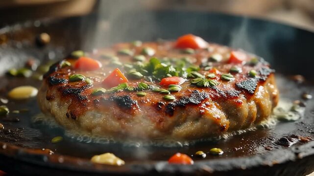 Juicy savory patty grilling in a hot pan sizzling in melted butter and garnished with herbs and spices showcasing appetizing home cooking