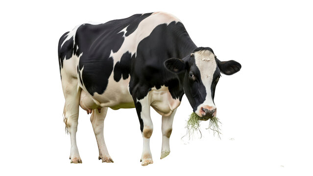 Cow eating grass with mouthful of fresh green hay