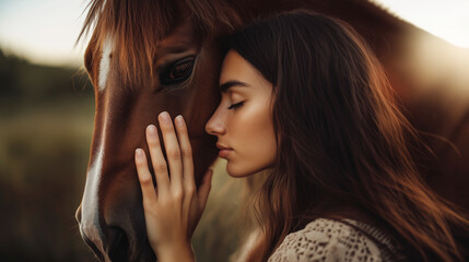 Close-up portrait of woman tenderly touching brown horse's forehead with closed eyes. Peaceful moment of friendship and bonding between human and animal. Gentle touch in warm golden sunset light.
