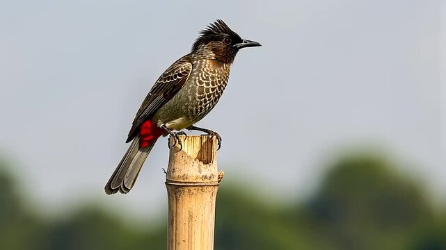 Red-vented bulbul perched on a bamboo stick in a natural outdoor setting.