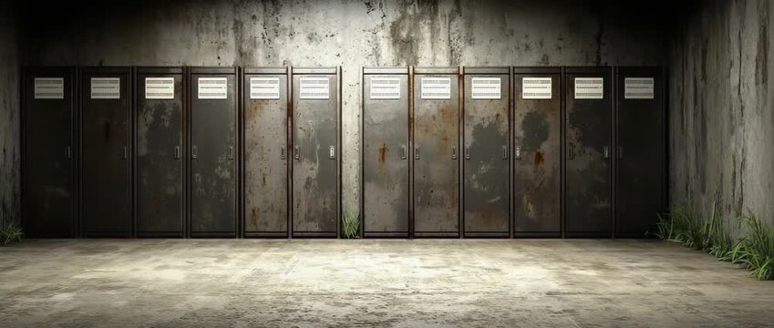 Row of rusted metal lockers in a dimly lit grungy room with concrete walls and floor