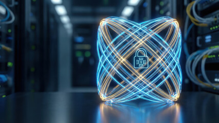 Quantum security concept with glowing lattice grid and lock symbol surrounded by complex geometric structures in dark server room