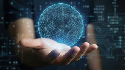 Quantum security concept with glowing lattice grid sphere floating above hand showing advanced structures and geometry in technology
