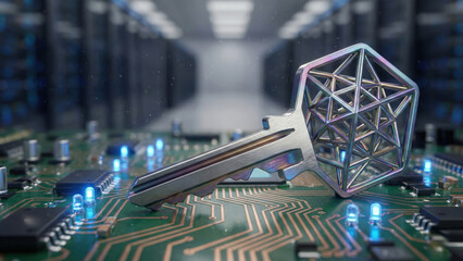 Quantum security concept with metallic key featuring lattice and grid structures resting on circuit board highlighting advanced geometry design
