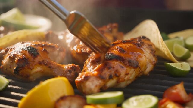 Close-up of marinated chicken pieces being basted and grilled on a smoking barbecue grill surrounded by fresh lime wedges and vegetables perfect for a summer cookout.