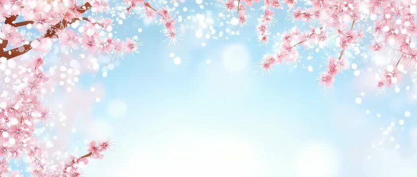 Beautiful pink cherry blossoms frame a soft blue sky with sparkling bokeh effects