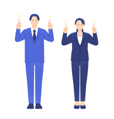 上の空白を指さして紹介するビジネスパーソン。指差す男女の全身イラスト。