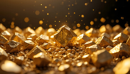 Golden nuggets scattered on a textured surface, glistening under soft light, creating a luxurious and opulent atmosphere, symbolizing wealth and prosperity