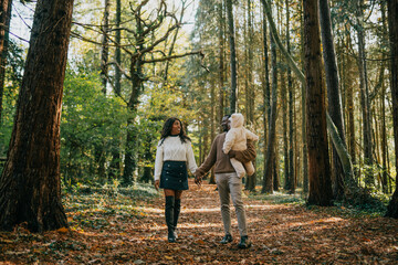 Fototapeta premium A couple holding hands and a baby in a forest. Scene is peaceful and romantic