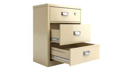 A three-drawer filing cabinet, one drawer opened, showcasing office organization