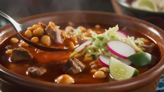 Spoon scooping authentic mexican pozole rojo stew rich with hominy and beef served steaming hot in a rustic clay bowl with fresh radish and lime garnish.