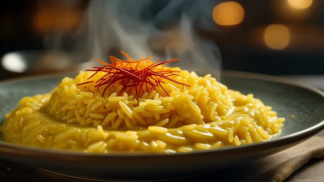 Steaming yellow risotto or orzo pasta dish garnished with red threads served hot on a plate