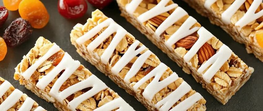 Cereal and nut energy bars with white icing drizzle arranged on a dark surface