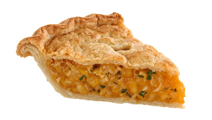 National pie day roast pumpkin sage pie slice with herbs and flaky golden crust, orange savory filling isolated on white