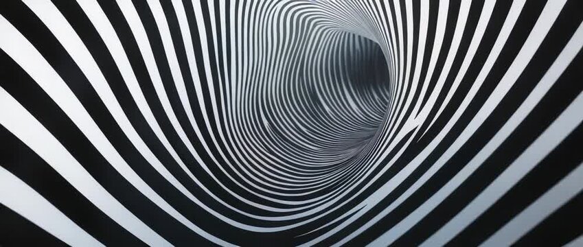 Abstract tunnel of curving black and white stripes creates a dizzying optical illusion