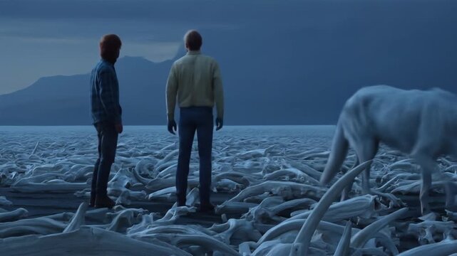 A surreal scene Two figures on a bone-strewn landscape are joined by a white wolf