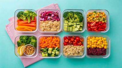 A collection of healthy food in glass containers on a blue background