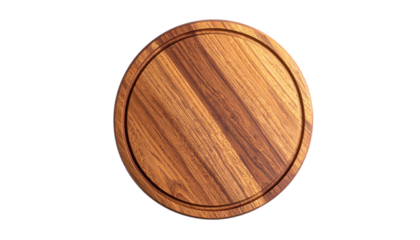A top-down view shows a round wooden cutting board isolated on a black background