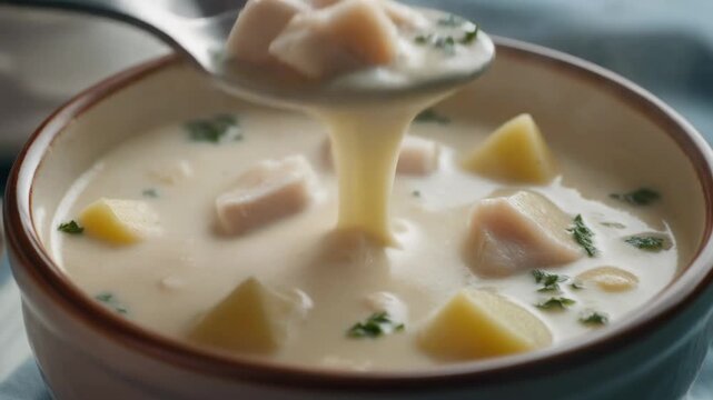 Close-up of rich and creamy fish or clam chowder being lifted by a spoon featuring chunks of potato and seafood in a rustic bowl.
