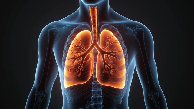 "Digital illustration of human lungs and trachea in upper torso view.""Digital illustration of human lungs and trachea in upper torso view."