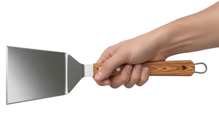 Hand holding a large metal spatula with wooden handle