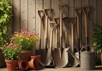 A collection of gardening tools, including shovels, spades, and a watering can, arranged against a rustic wooden background with potted plants and flowers