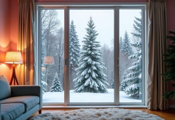 A living room with a modern, minimalist interior and a view of the snow-covered forest through a floor-to-ceiling window