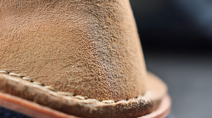 nubuck. Close-up of a nubuck leather shoe surface with uniform suede sheen and soft directional lighting. lifestyle magazines.