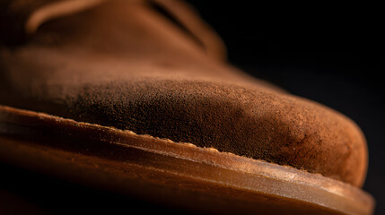 nubuck. Close-up of a nubuck leather shoe surface with uniform suede sheen and soft directional lighting. lifestyle magazines.