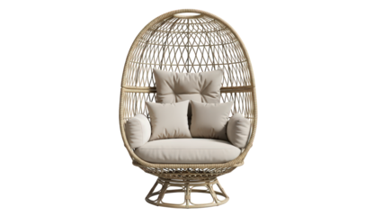 Elegant rattan egg chair with cushions for outdoor or indoor relaxation