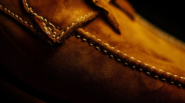 nubuck. Close-up of a nubuck leather shoe surface with uniform suede sheen and soft directional lighting. lifestyle magazines.