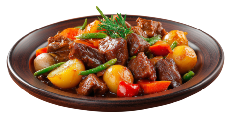 braised meat with vegetables on a dark brown plate with rich warm colors and structured detailed presentation