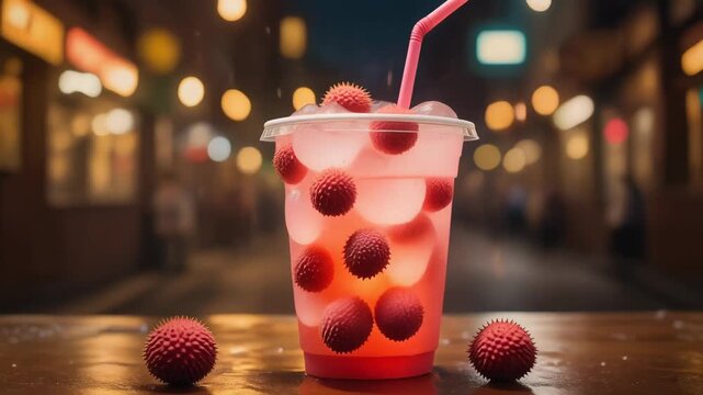 Refreshing tropical lychee or rambutan fruit drink with ice served in a plastic cup against a nighttime street background