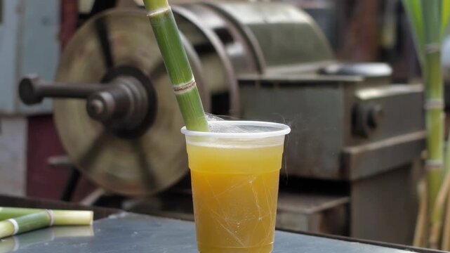 Freshly pressed sugarcane juice (ganna) in a plastic cup with sugarcane stalk served by the juicing machine
