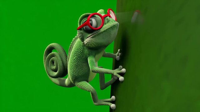 Green frog with glasses climbs up wall in animated setting during bright afternoon