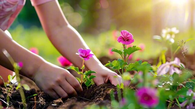 Hands of a child gently planting pink flowers in rich soil, showcasing the nurturing process of gardening with vibrant blooms and natural sunlight illuminating the scene