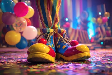 Humorous oversized shoes on stage with bold colors and party backdrop