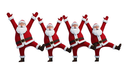 Four santa clauses dancing in a row