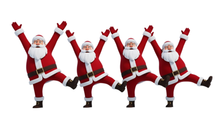 Four santa clauses dancing in a row