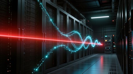 futuristic server racks with red laser scanning and glowing data streams, cyber intrusion concept, no text