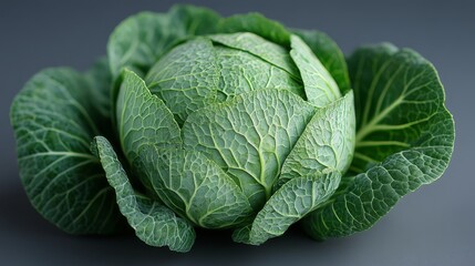 Fototapeta premium Fresh whole green cabbage with detailed texture on dark grey background, highlighting natural organic vegetable in soft side lighting for healthy food concept.