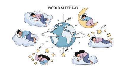 World Sleep Day illustration showing people sleeping peacefully around the globe.