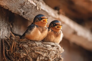 Intimate nature scene of nestling barn swallows in a textured nest under wooden rafters at dawn