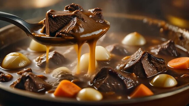 Close-up of rich beef stew with carrots and onions being served with a spoon highlighting the thick brown gravy and savory chunks of meat.